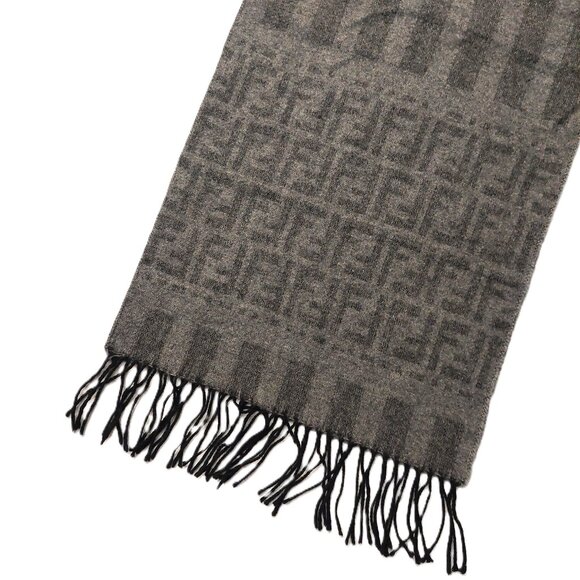 Vintage FENDI Dark Gray & Light Gray Monogram & Stripe Wool Scarf Fringes - Picture 1 of 7